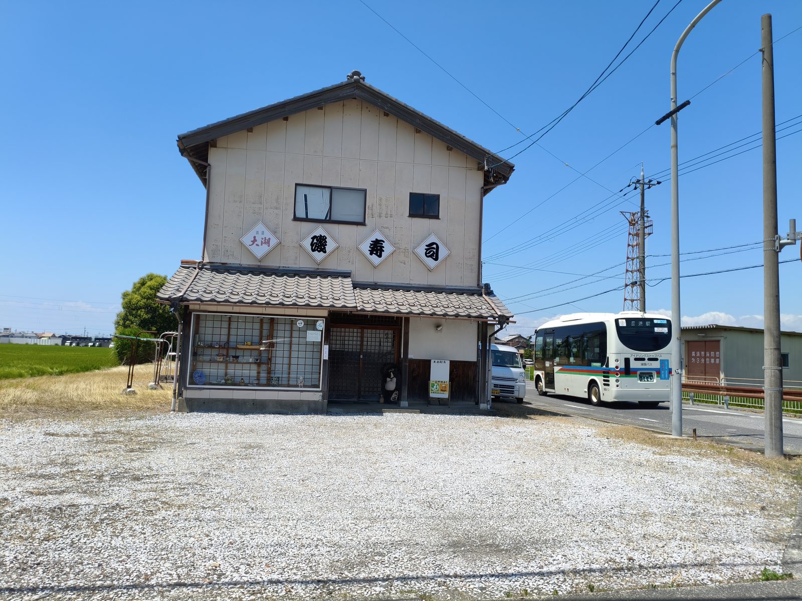 長浜IC付近のお店「磯寿し」を紹介する記事「磯寿しへ車で行くコツ——泉町の目印・砂利駐車場・電話の順番」の写真